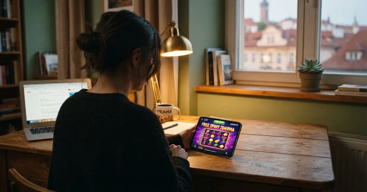 Hráč u mobilu nebo notebooku, na obrazovce animace roztočených válců automatu, vedle nápis „free spiny zdarma“