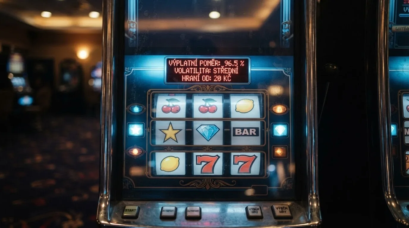 Detail hracího automatu s technickými údaji — RTP v procentech, volatilita, počet válců
