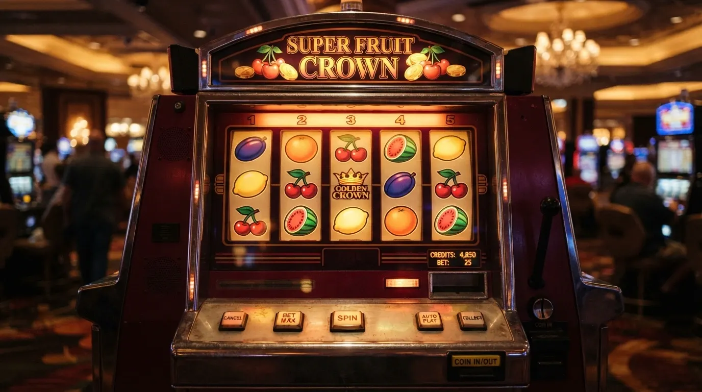 Automat Shining Crown od Amusnet — pět válců s ovocnými symboly a korunou