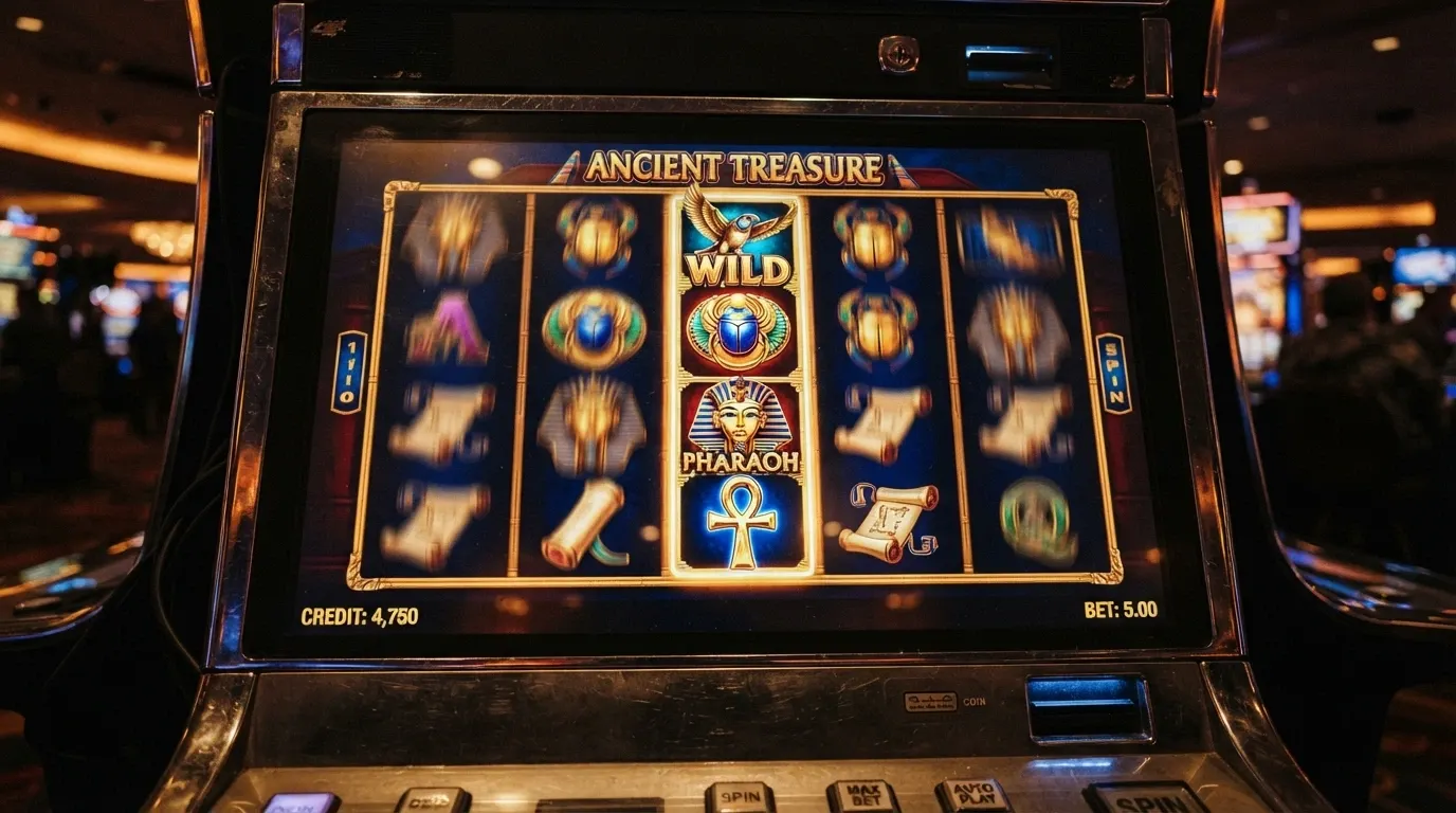 Hrací pole automatu Book of Dead s pěti válci a egyptskou tematikou