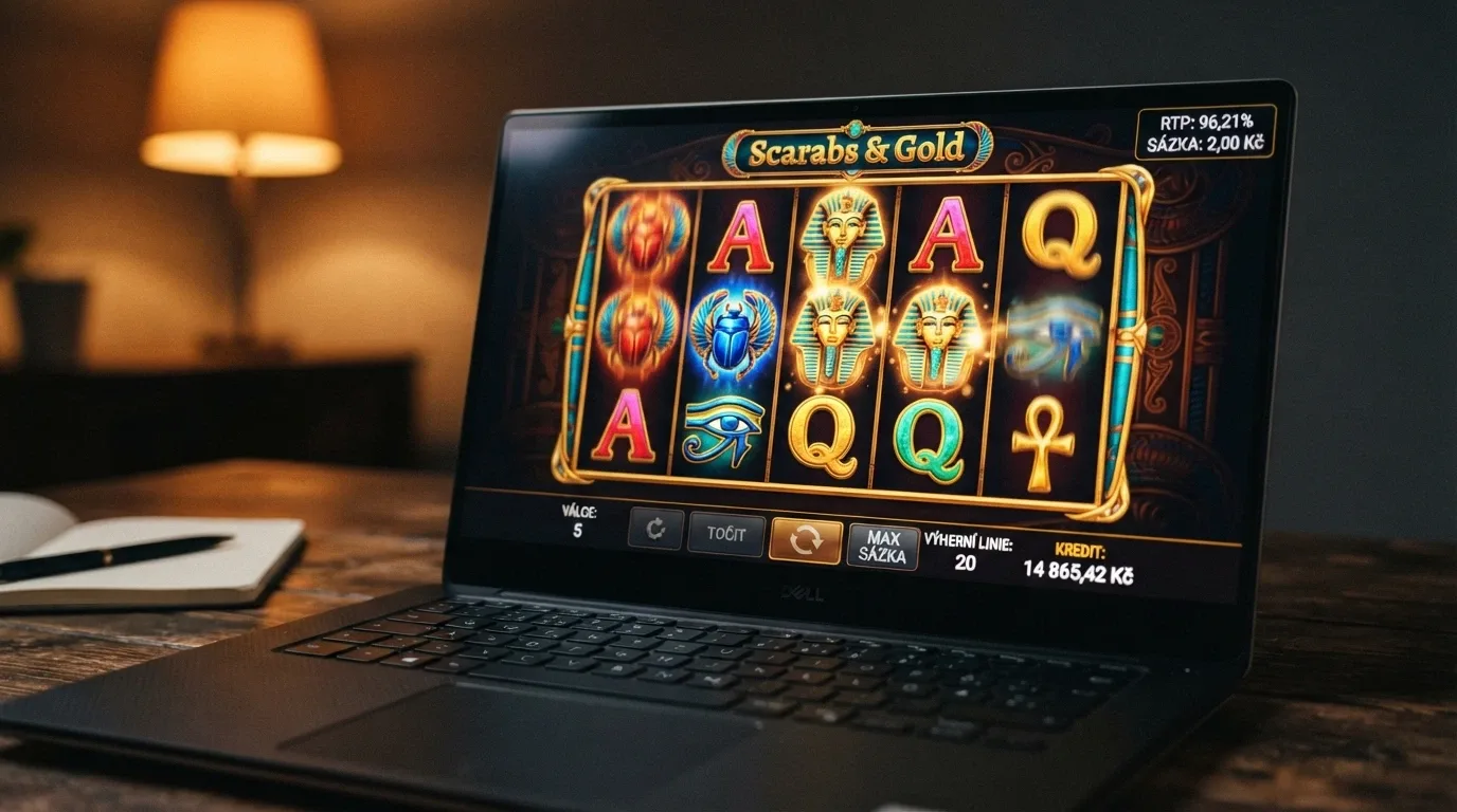 Výřez z online automatu Book of Dead s viditelnou informací o RTP 96,21 % a sázce 2 Kč