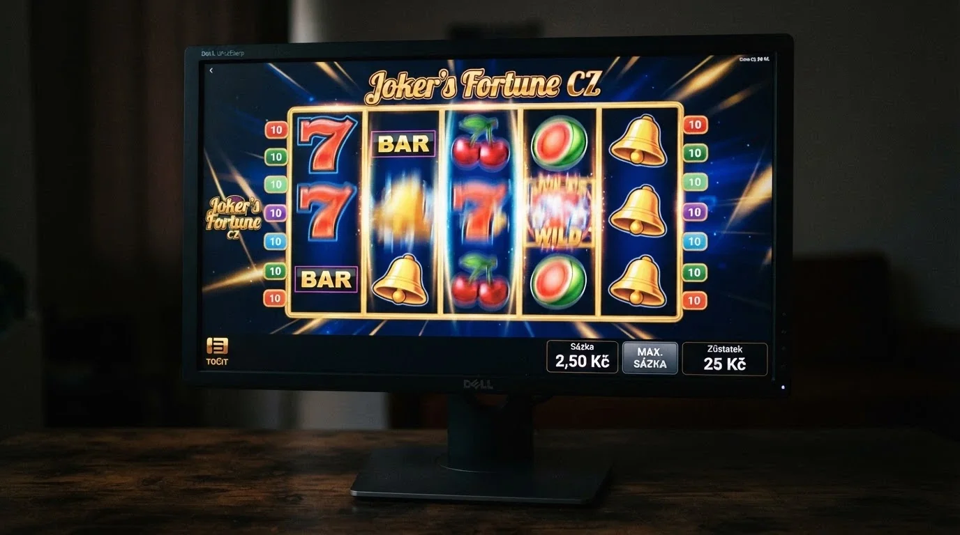 Roztočený výherní automat na obrazovce počítače, v rohu viditelná sázka 2,50 Kč a zůstatek 25 Kč