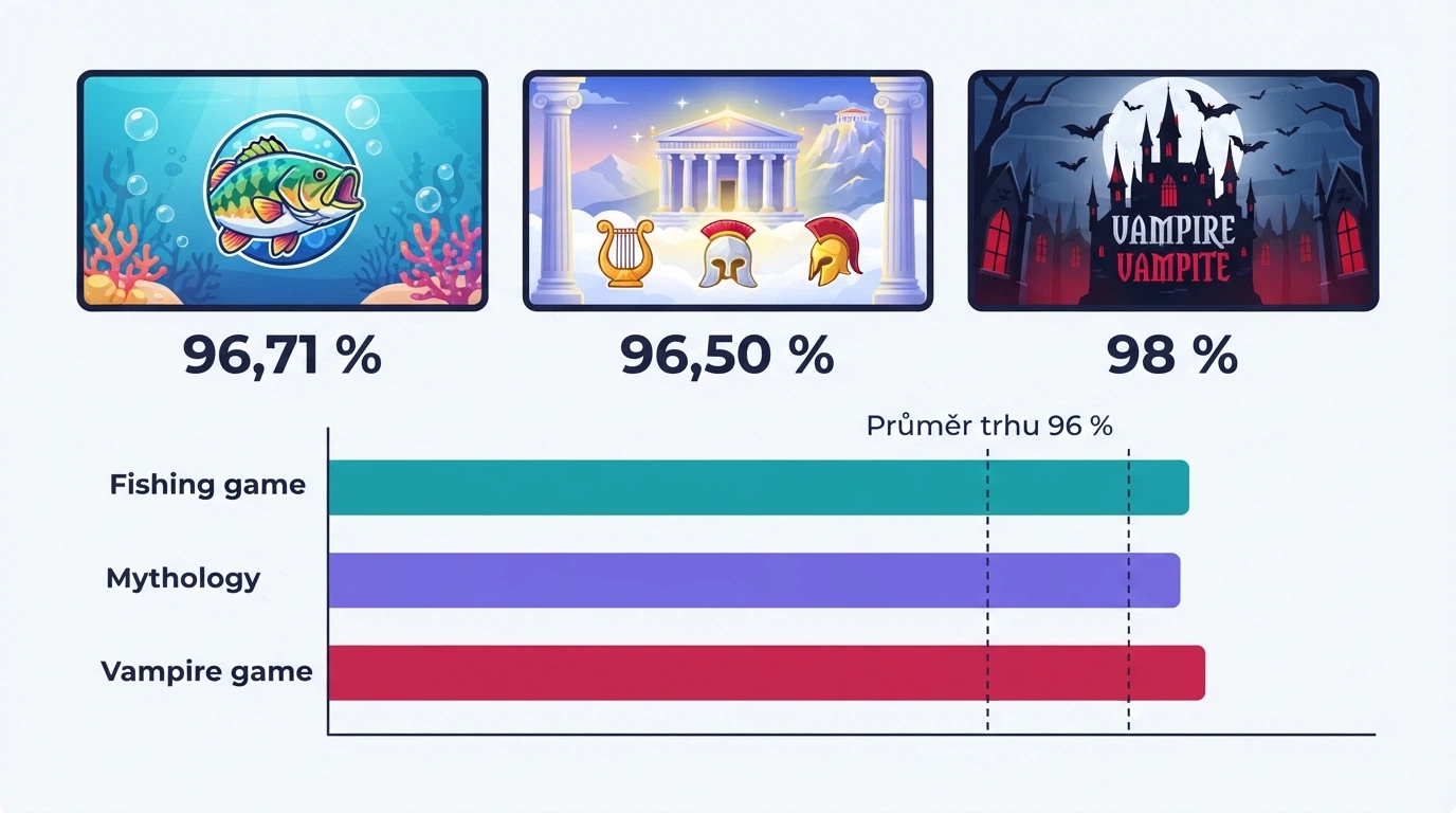 Koláž tří slotových automatů s vysokým RTP — Big Bass Bonanza (96,71 %), Gates of Olympus (96,50 %) a Blood Suckers (98 %)