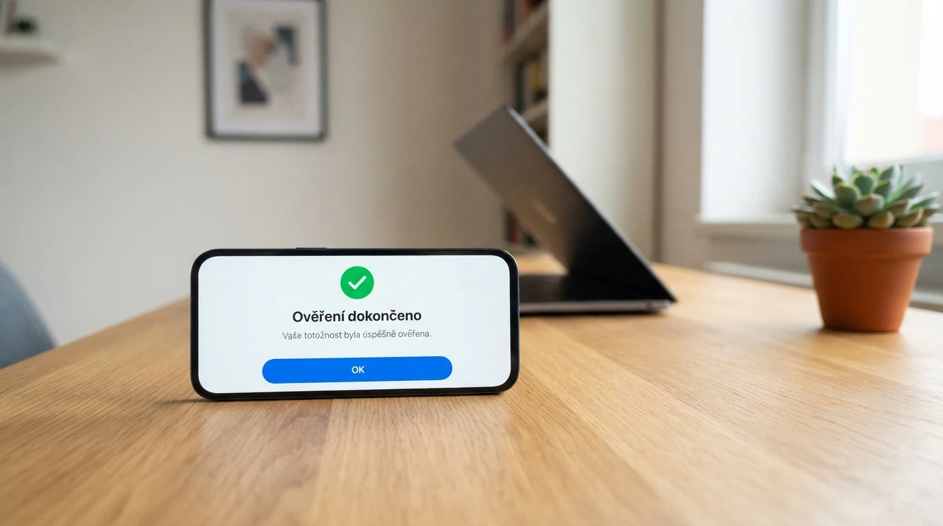 Displej mobilního telefonu s rozhraním Bank iD — potvrzovací tlačítko pro ověření totožnosti, nahoje logo české banky a nápis „Ověření dokončeno“. V pozadí pracovní stůl.