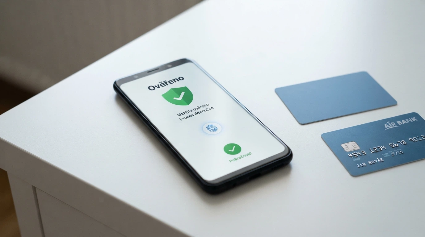 Mobilní telefon s aplikací BankID, vedle něj občanský průkaz a ikona ověřeného účtu se zelenou fajfkou.