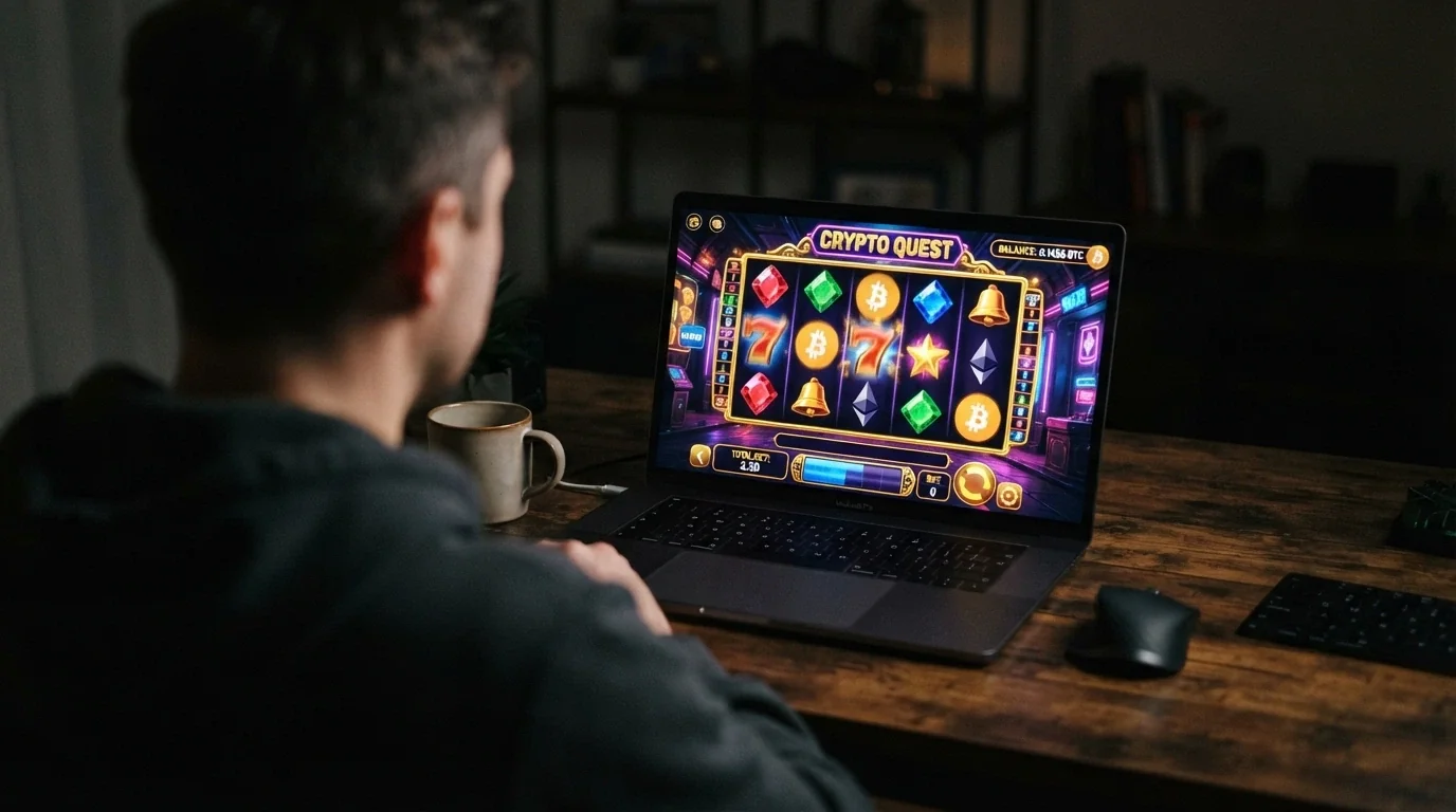 Rozhraní online automatu s bitcoinovou platební volbou — válce, tlačítko spin, krypto zůstatek