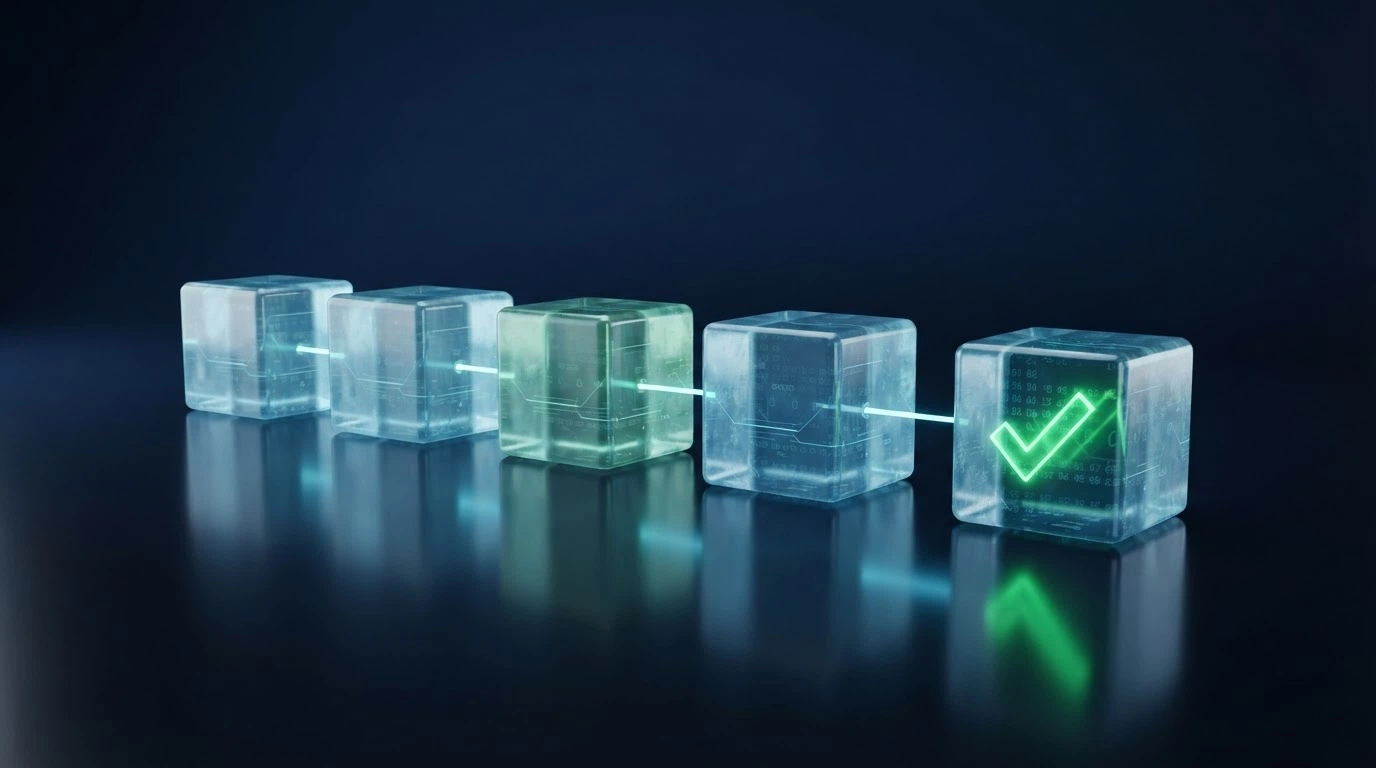 Průběh bitcoinové transakce na blockchainu — řetězec potvrzení na obrazovce