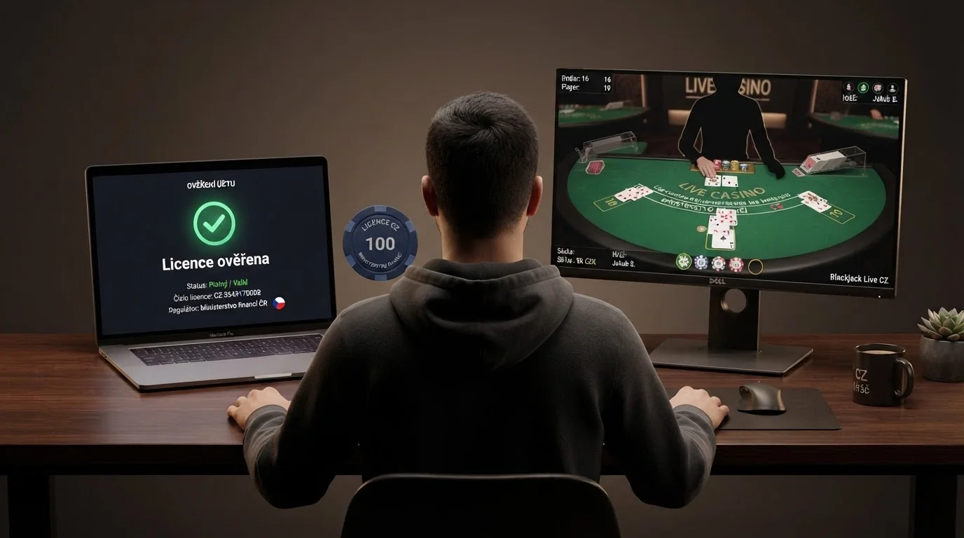 Detail úřední licenční listiny s razítkem MF ČR vedle monitoru s živým blackjackovým stolem