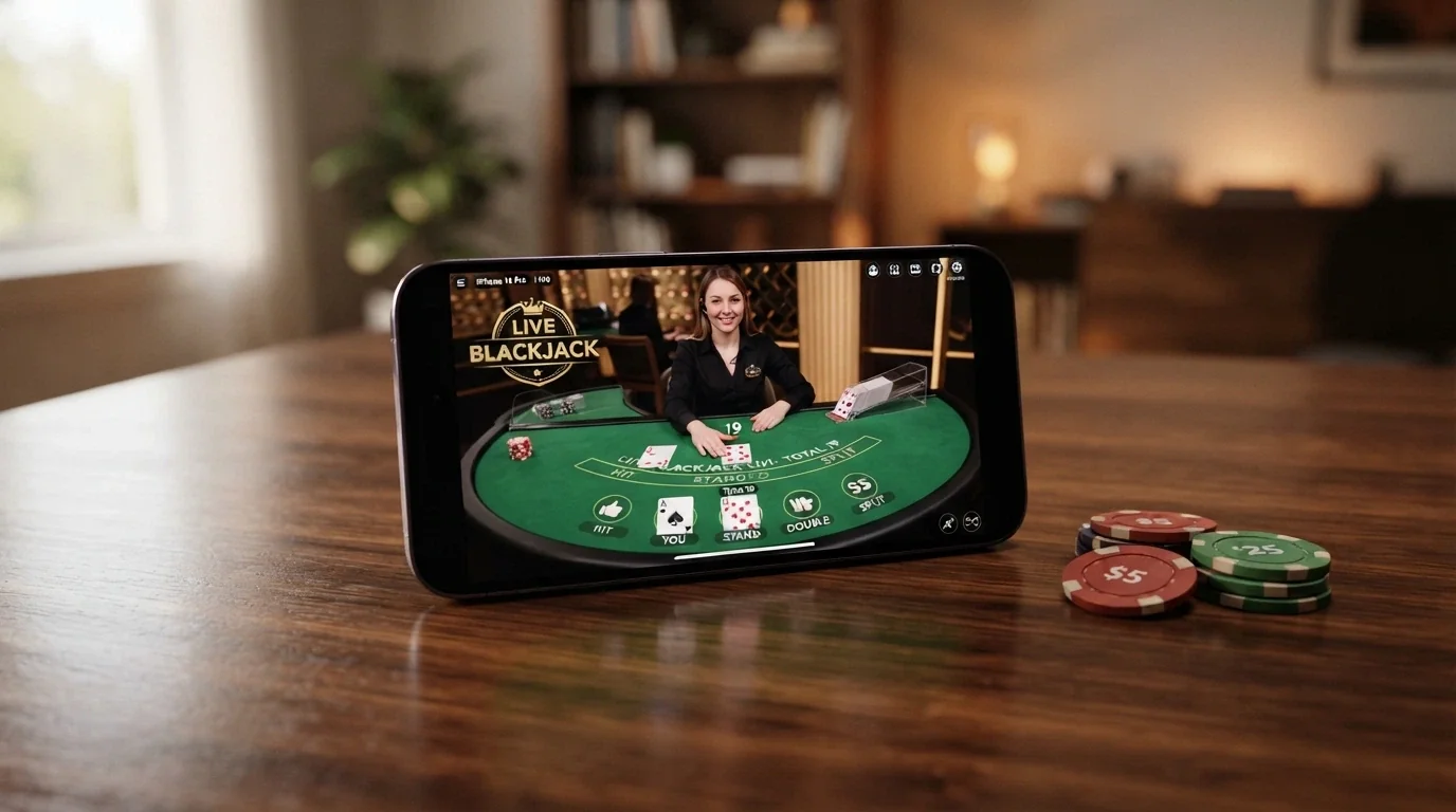 Mobilní telefon zobrazující live blackjackový stůl s krupiérem, vedle něj položené žetony