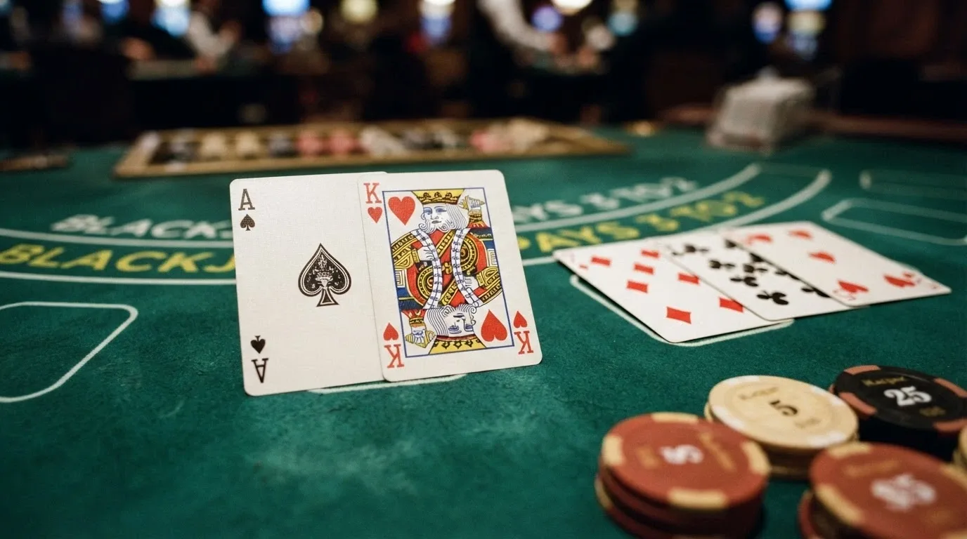 Rozložené blackjackové karty v ruce s hodnotami — eso a král tvořící blackjack 21