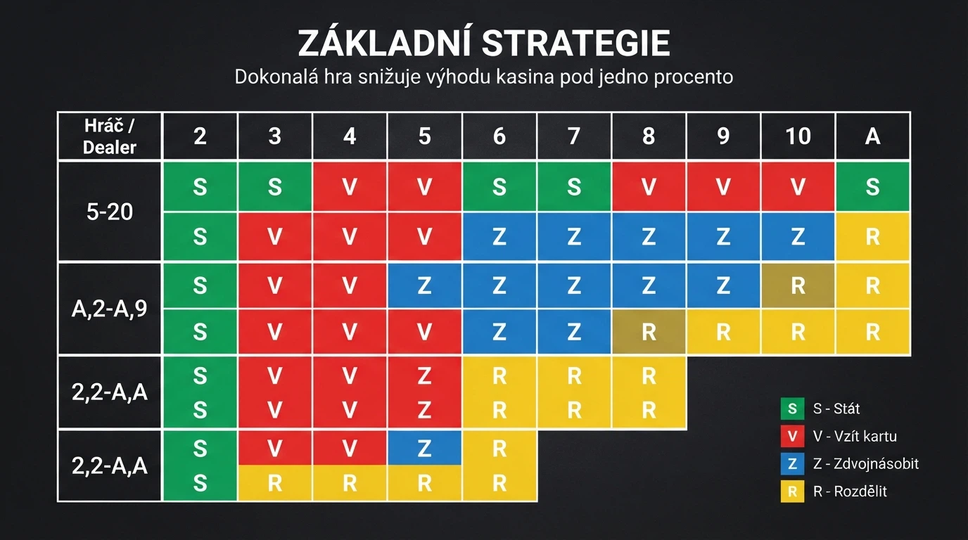 Přehledová tabulka základní blackjack strategie s barevně odlišenými rozhodnutími pro každou kombinaci karet