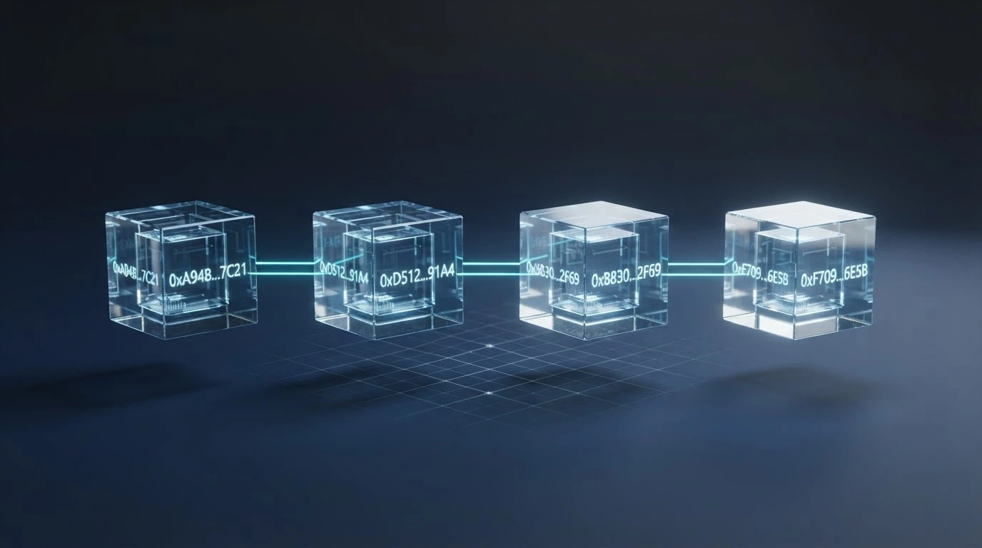 Schéma blockchainové transakce s adresami peněženky a potvrzovacími bloky