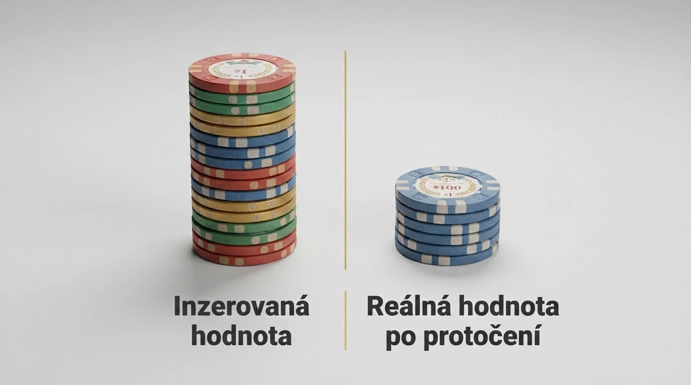 Dvě hromádky mincí vedle sebe — jedna vysoká označená Inzerovaná hodnota, druhá nižší označená Reálná hodnota po protočení