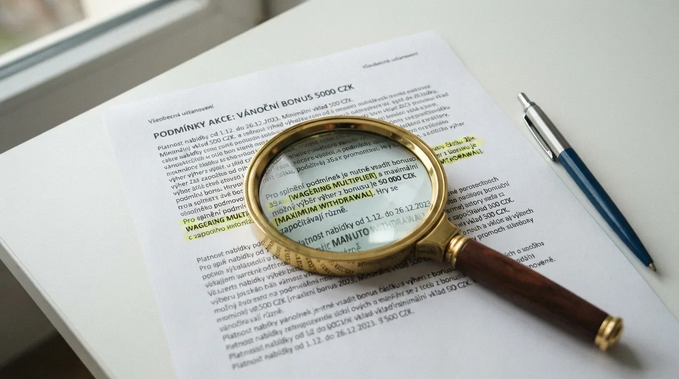 Detailní pohled na rozepsané podmínky bonusu — lupou zvýrazněný řádek s wagering násobkem a částkou maximálního výběru.