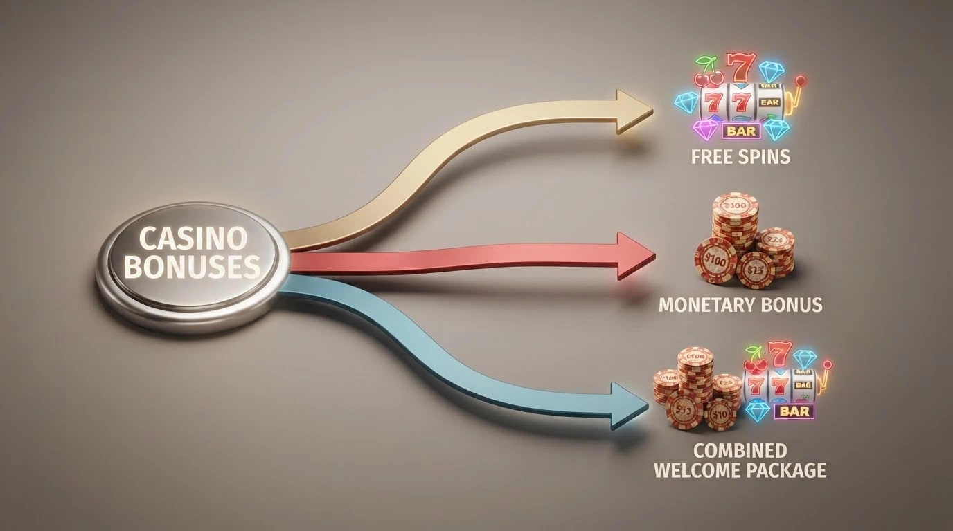 Diagram se třemi větvemi rozdělujícími typy casino bonusů na free spiny, cash bonus a uvítací balíček