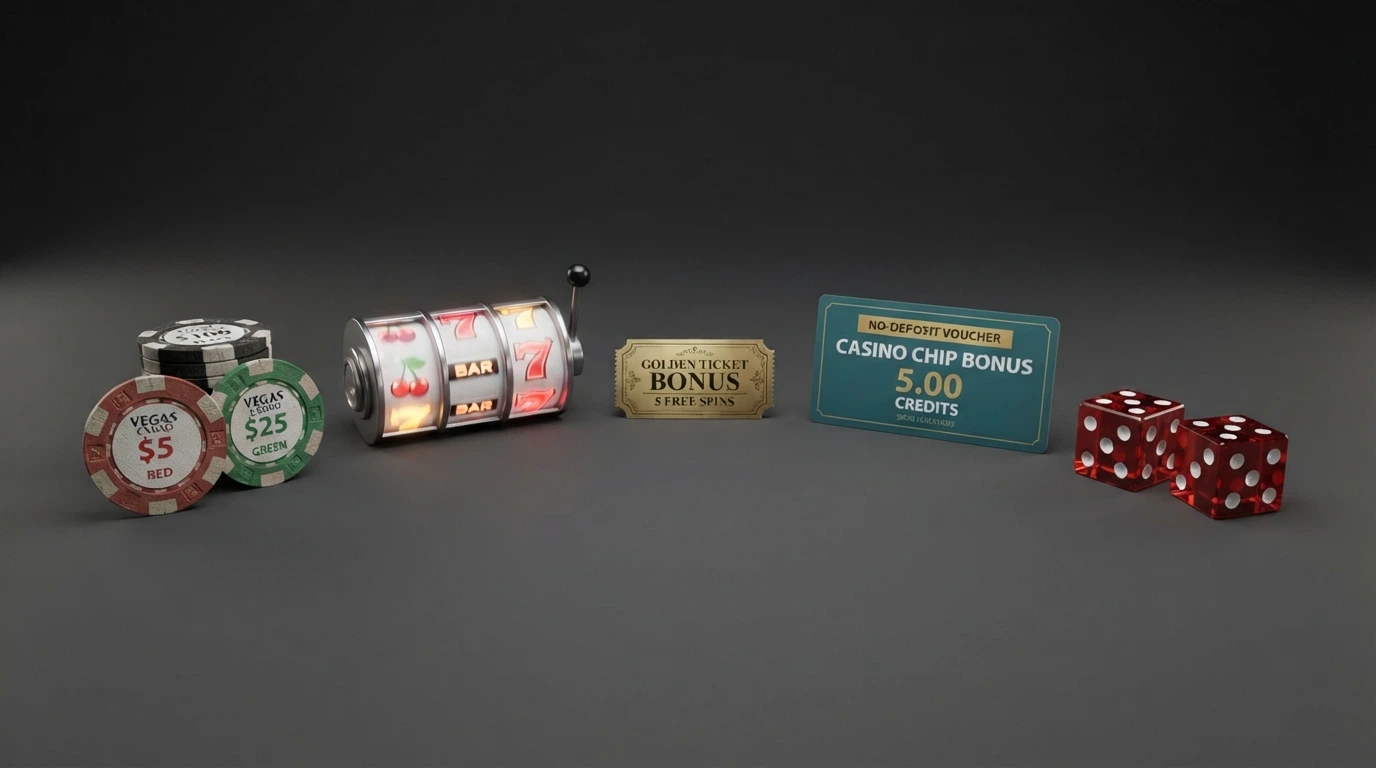 Vizualizace: pět typů no-deposit bonusů — free spiny, peněžní kredit, FreeBet, ověřovací bonus, kombinace