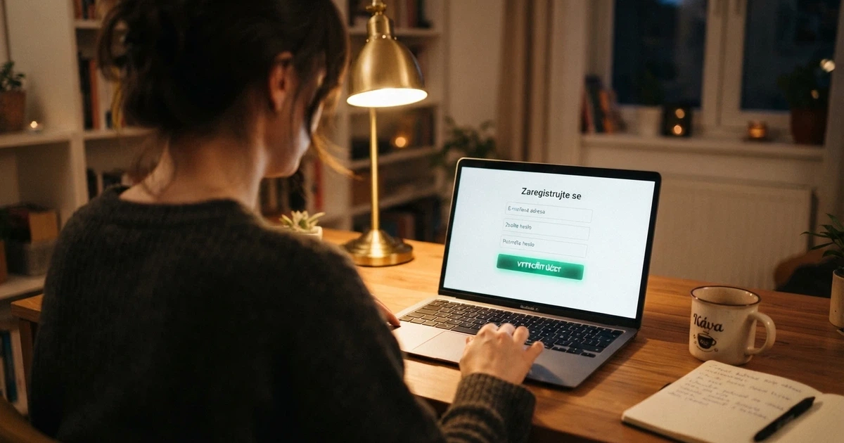 Hráč sedící u notebooku, na obrazovce registrační formulář online casina bez kolonky pro nahrání občanky