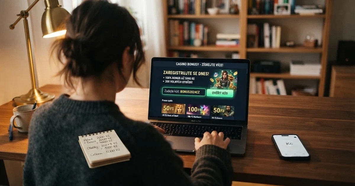 Hráč u notebooku prohlíží online casino s otevřenou stránkou promo kódů, na stole vedle leží mobil s kalkulačkou — scéna naznačuje srovnávání a propočítávání hodnoty bonusů