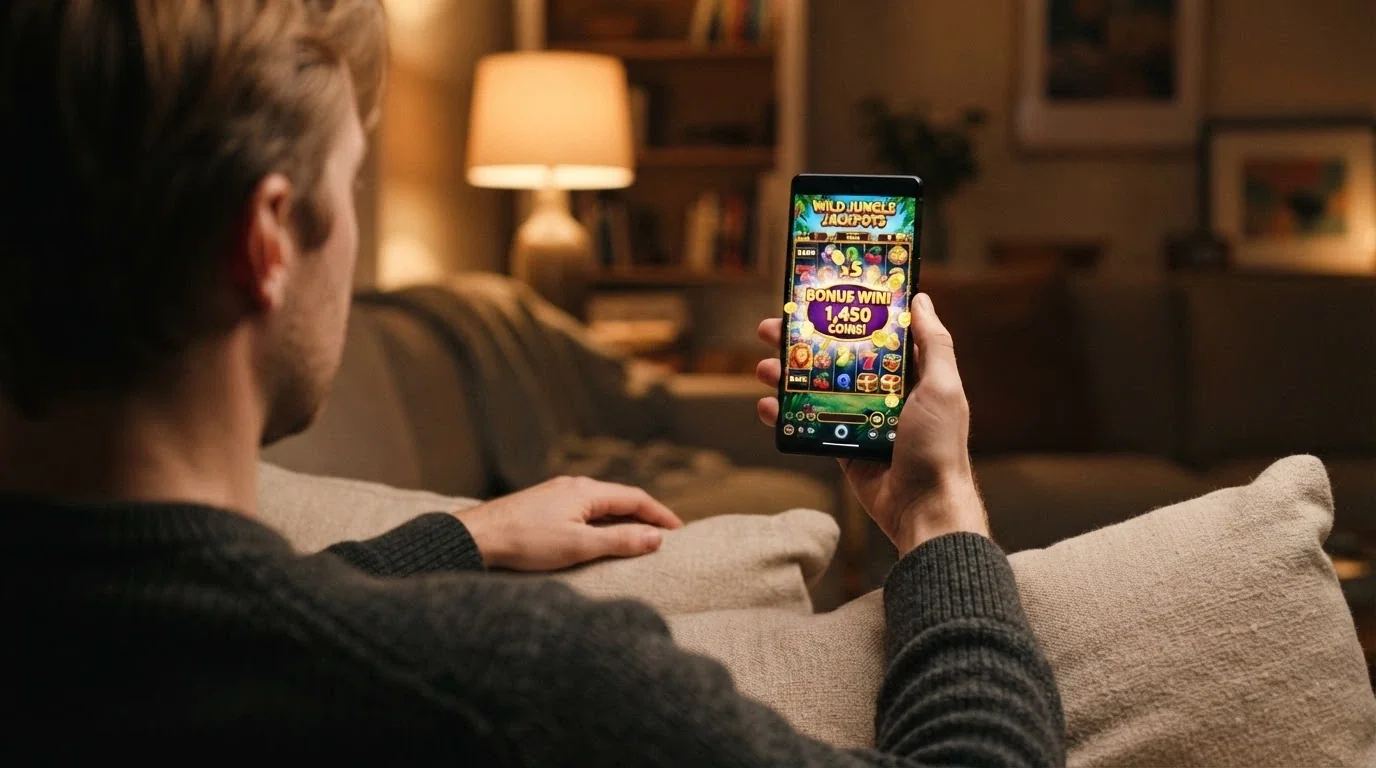 Mobilní telefon s otevřenou casino aplikací v ruce, na pozadí rozmazané herní rozhraní