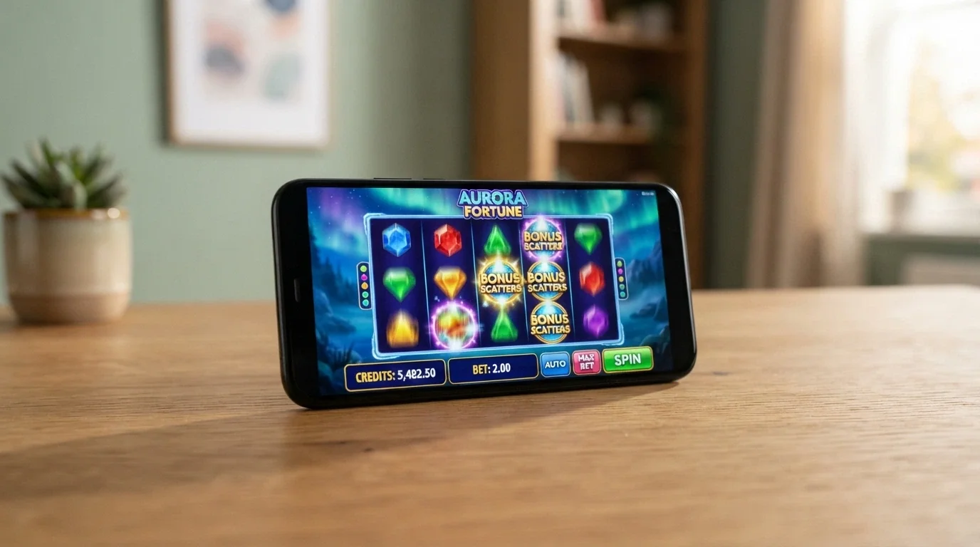 Mobilní telefon s otevřenou casino aplikací a automatem na displeji