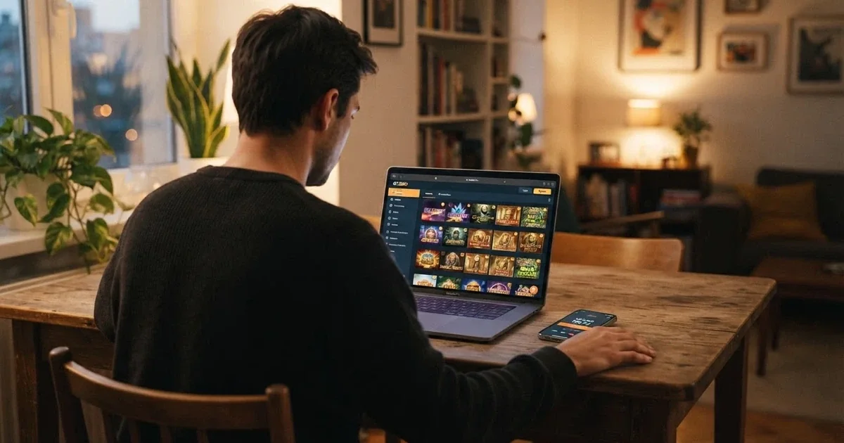 Hráč u notebooku prohlíží si online casino s mobilem v ruce, na obrazovce je vidět tlačítko Vklad 100 Kč