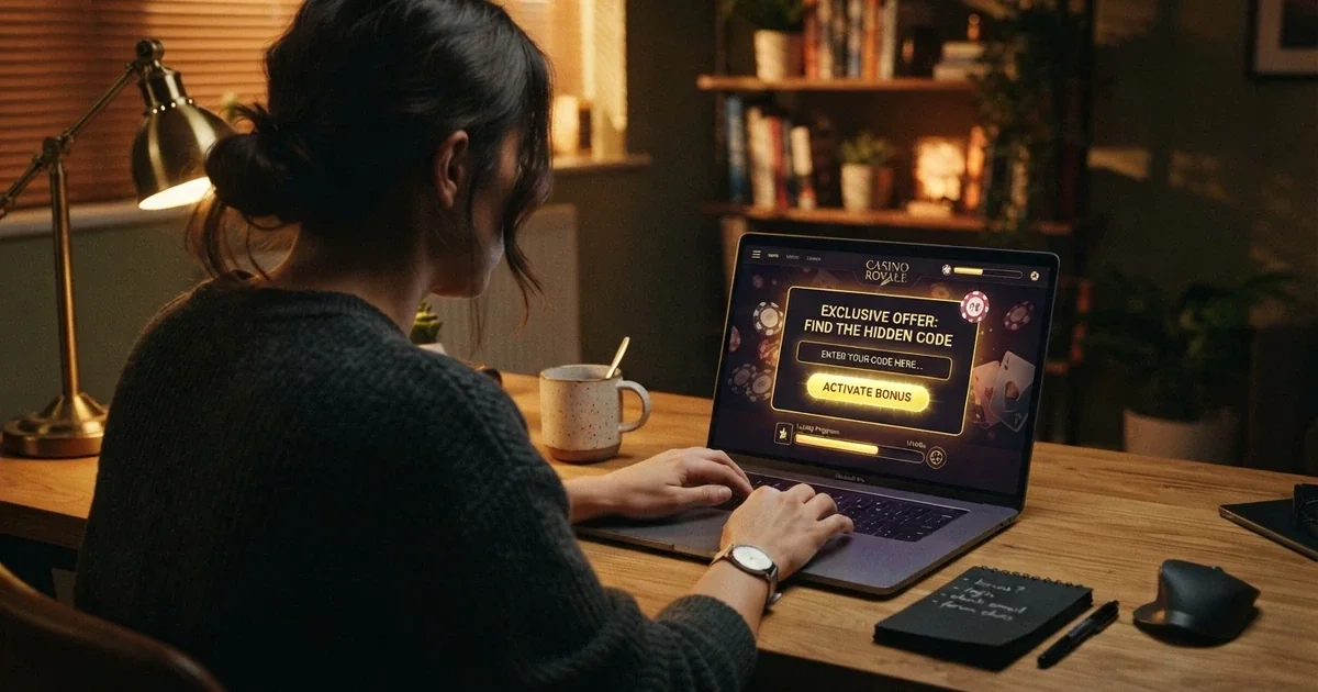 Hráč u notebooku prohlíží nabídku casino bonusů, na obrazovce září tlačítko s nápisem promo kód