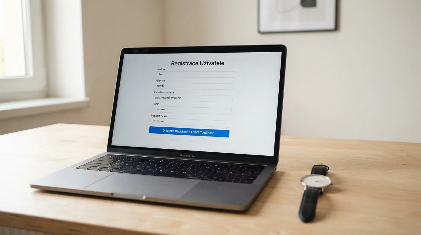 Rozpracovaný registrační formulář českého online casina na obrazovce notebooku — vyplněné jméno, e-mail a pole pro Bank iD ověření. Vedle něj hodinky ukazující uplynulé 3 minuty.