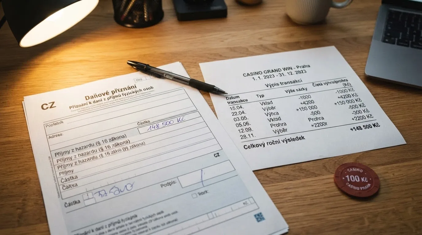 Daňové přiznání na stole, vedle něj výpis z casina s výhrou přes 50 000 Kč