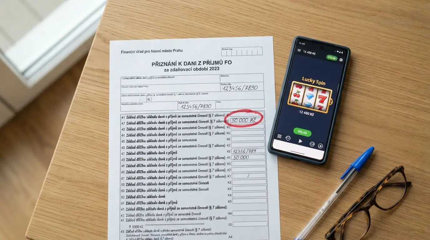 Daňové přiznání na stole vedle chytrého telefonu s otevřeným kasinem, na papíře zvýrazněná částka 50 000 Kč