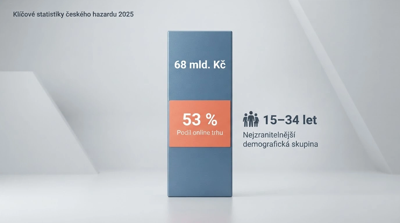 Infografika s čísly — 68 mld. Kč, 53 % online, ikona mladého člověka ve věkové skupině 15–34 let