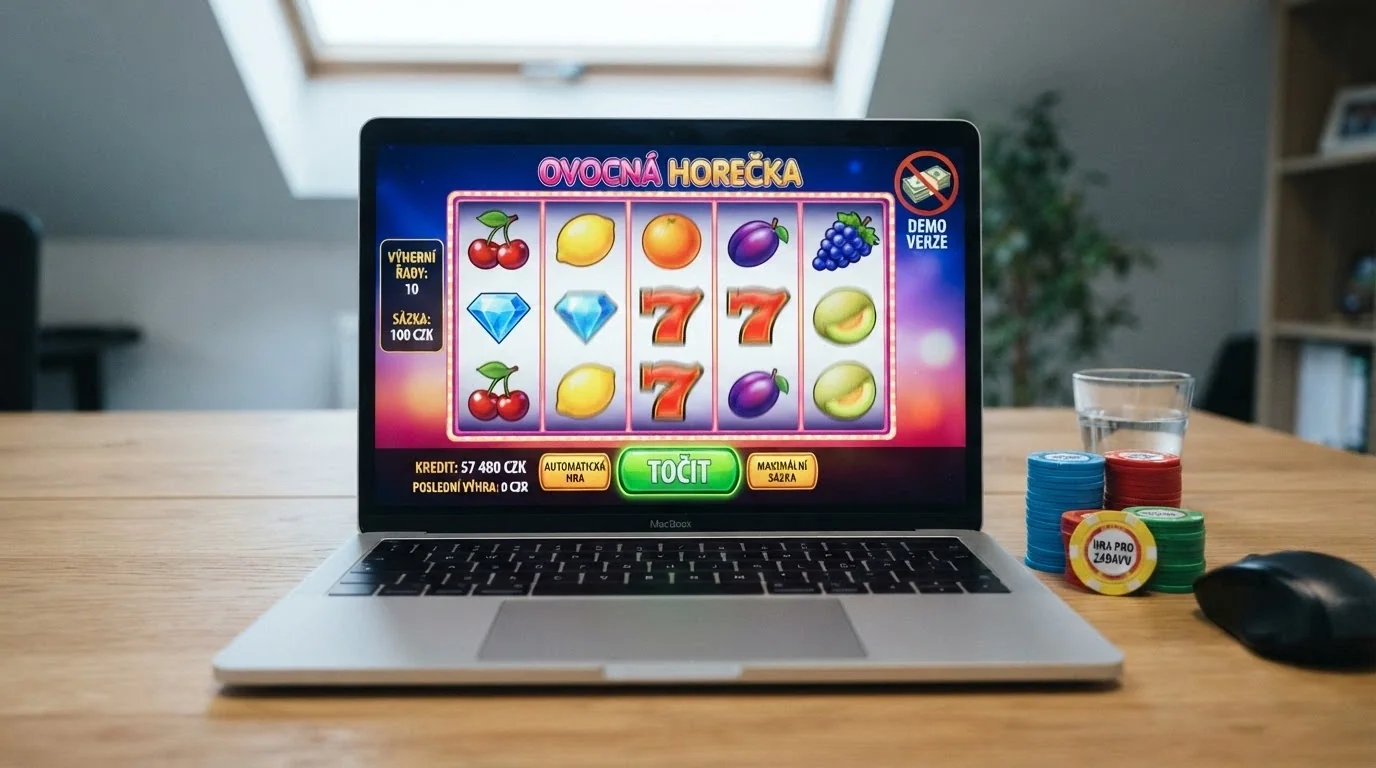 Rozhraní online automatu v demo režimu s fiktivními mincemi, vedle ikona přeškrtnuté výplaty