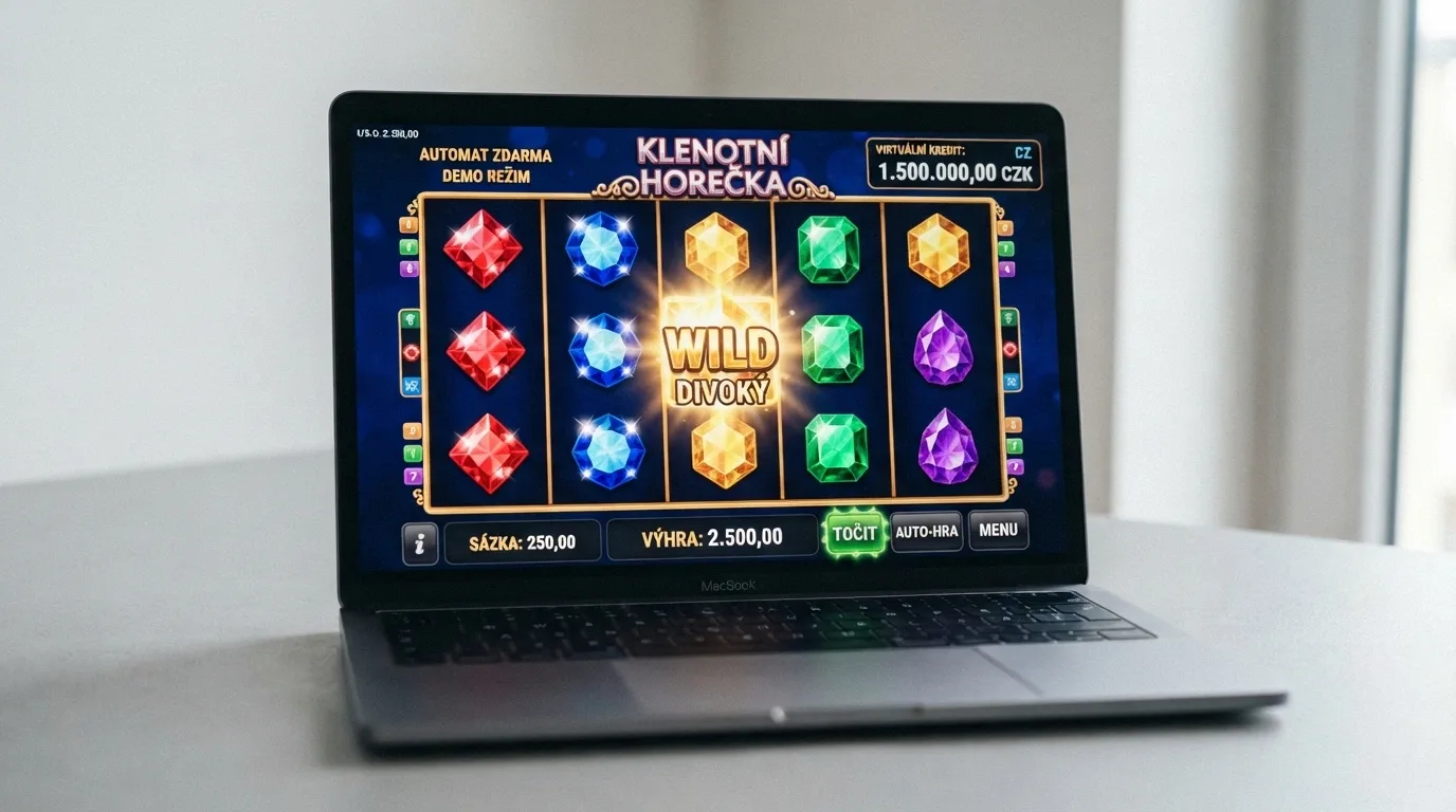Rozhraní kasina s otevřeným automatem v demo režimu, virtuální kredity v rohu obrazovky