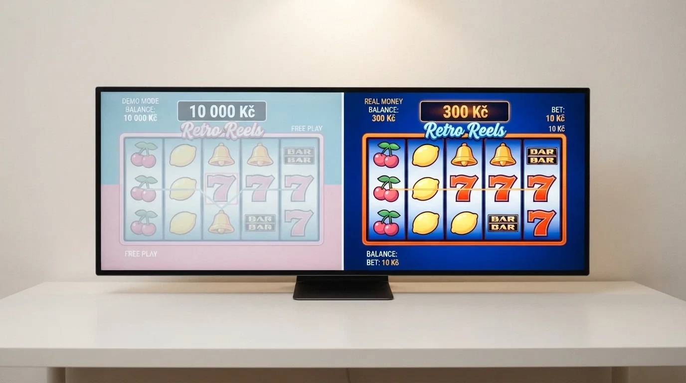 Rozdělená obrazovka — vlevo demo automat s virtuálními kredity, vpravo bonusová hra s reálným zůstatkem