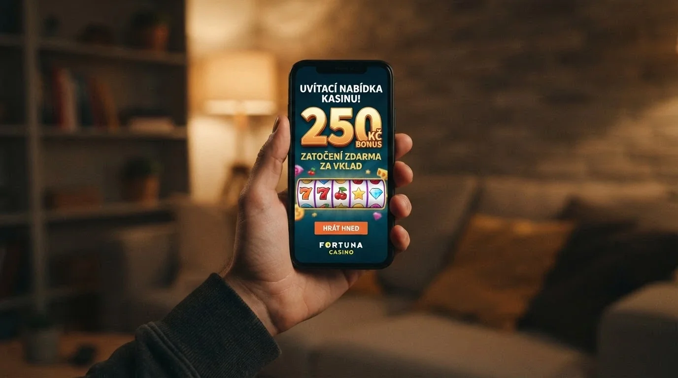 Mobilní zobrazení uvítací nabídky Fortuna Vegas s počítadlem 250 free spinů a částkou 250 Kč FreeBet