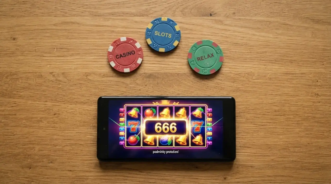 rozložené žetony a vedle nich obrazovka s počítadlem 666 free spinů, pod ním drobným písmem podmínky protočení