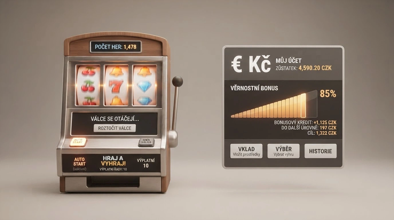 Rozdělená obrazovka: vlevo automat s počítadlem free spinů, vpravo pokladna s bonusovým kreditem