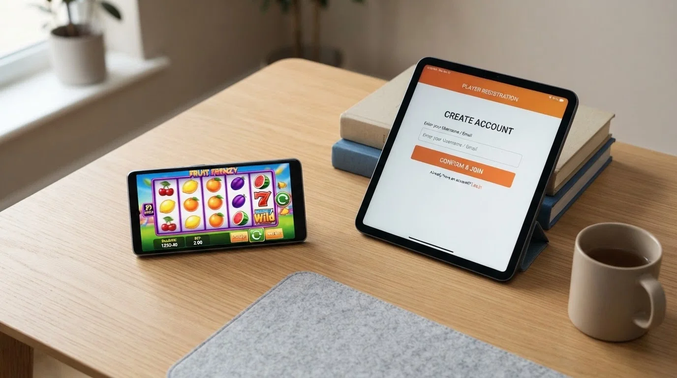 Mobilní telefon zobrazující casino hru s free spiny, vedle něj ležící tablet s otevřenou registrační stránkou