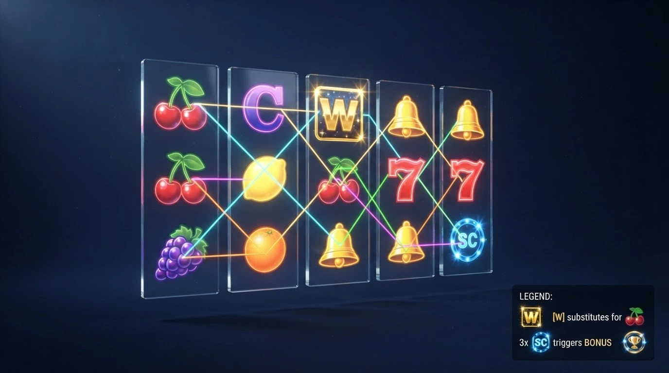 Schéma výherních linií automatu s vyznačenými wild a scatter symboly