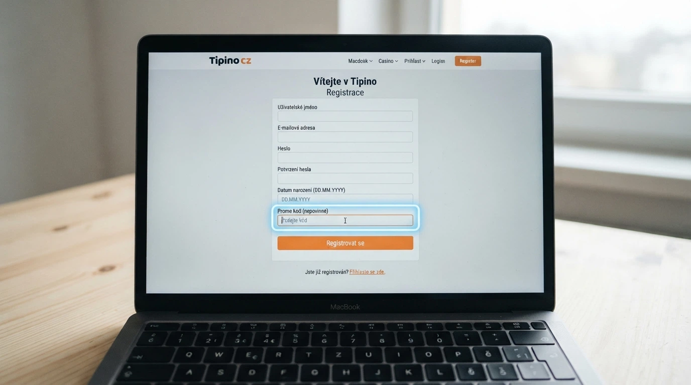Detail registračního formuláře online casina na obrazovce — pole pro zadání promo kódu je zvýrazněné, vedle něj ukazatel myši