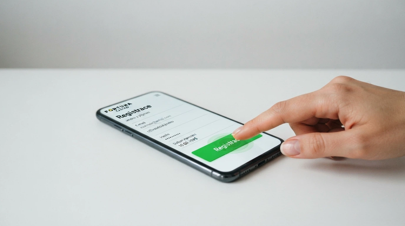 Mobilní telefon s otevřenou stránkou online casina a tlačítkem registrace