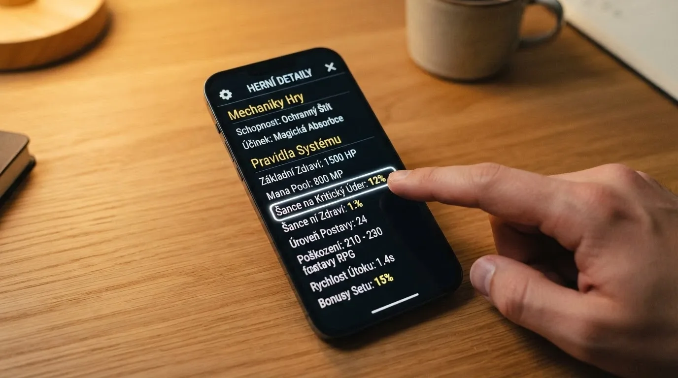 Zvětšený detail dotykové obrazovky s otevřeným informačním menu automatu, kurzor nebo prst ukazující na řádek s hodnotou RTP
