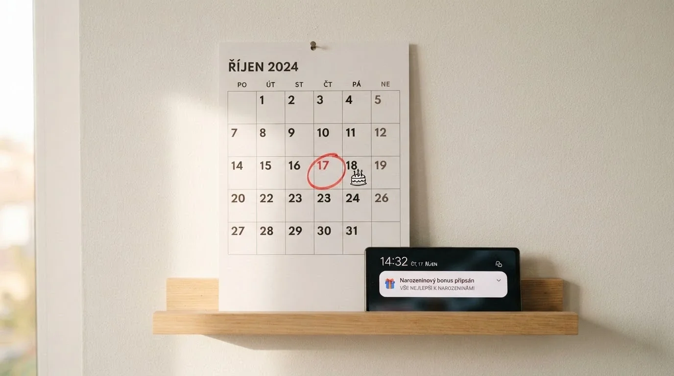 Kalendář se zakroužkovaným datem narozenin a vedle něj notifikace o připsaném bonusu