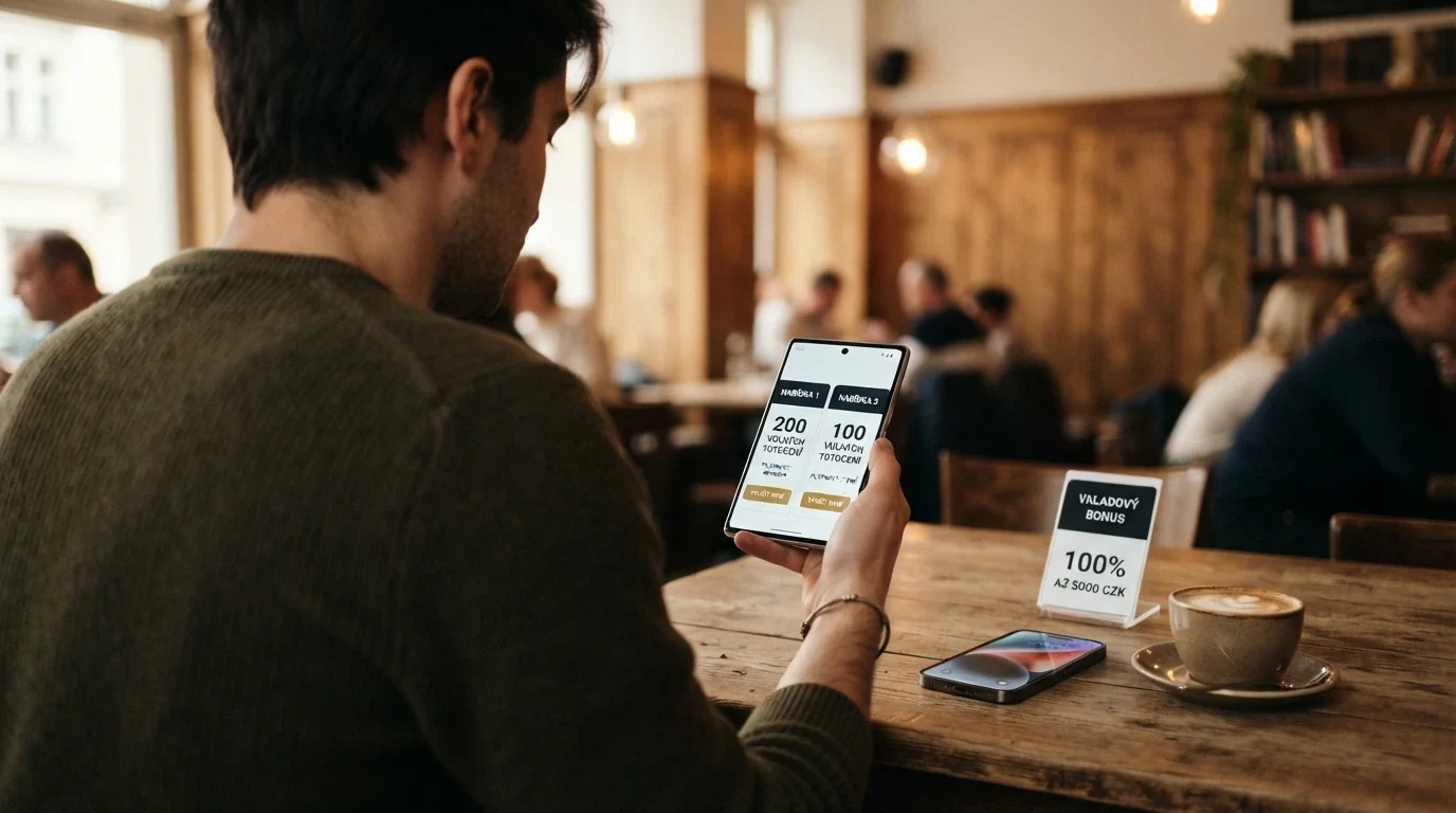 Hráč u stolu s mobilem v ruce porovnává podmínky dvou bonusových nabídek