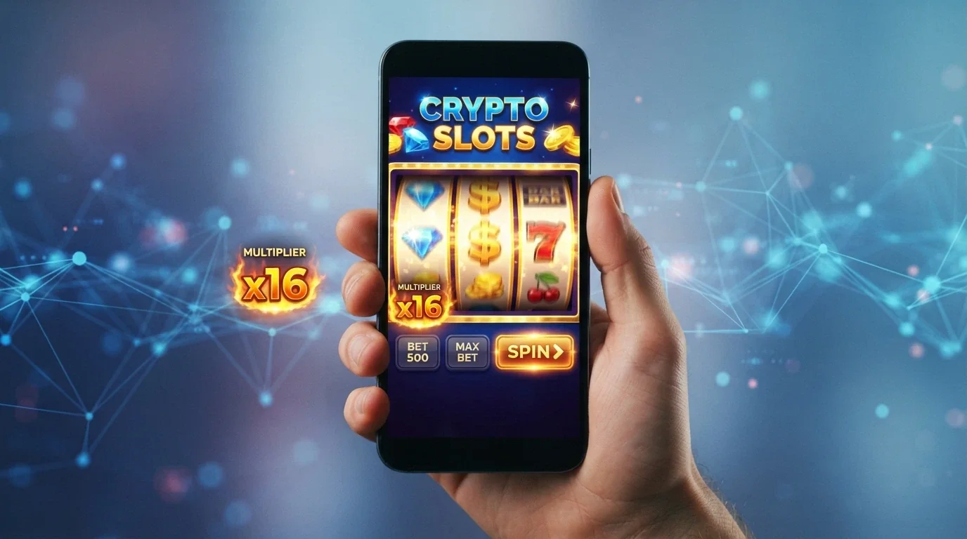 Displej s roztočeným slotem Gates of Olympus, na pozadí blockchain vizualizace