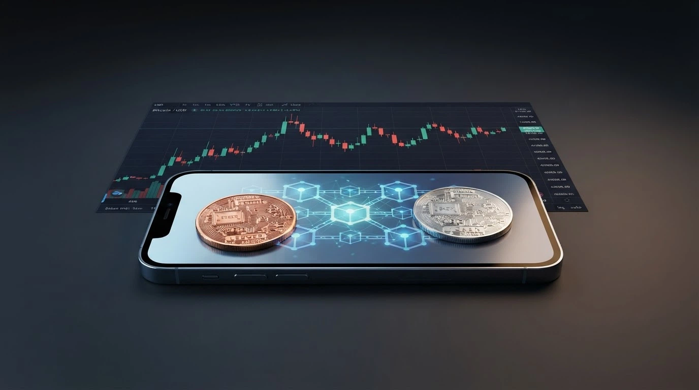 Bitcoinové a ethereové mince na displeji telefonu, za nimi graf kurzu a řetězec bloků