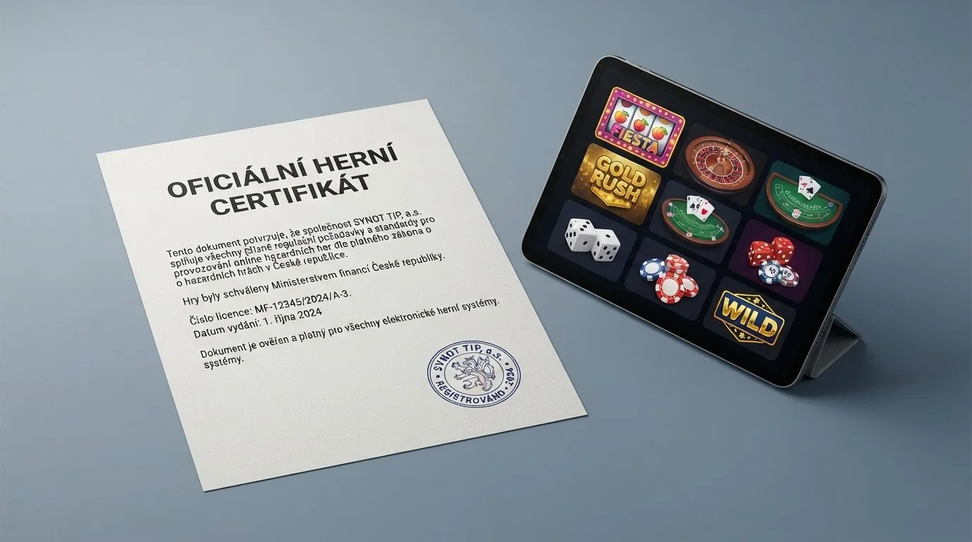 Úřední dokument s razítkem MF ČR vedle obrazovky s logy offshore kasin