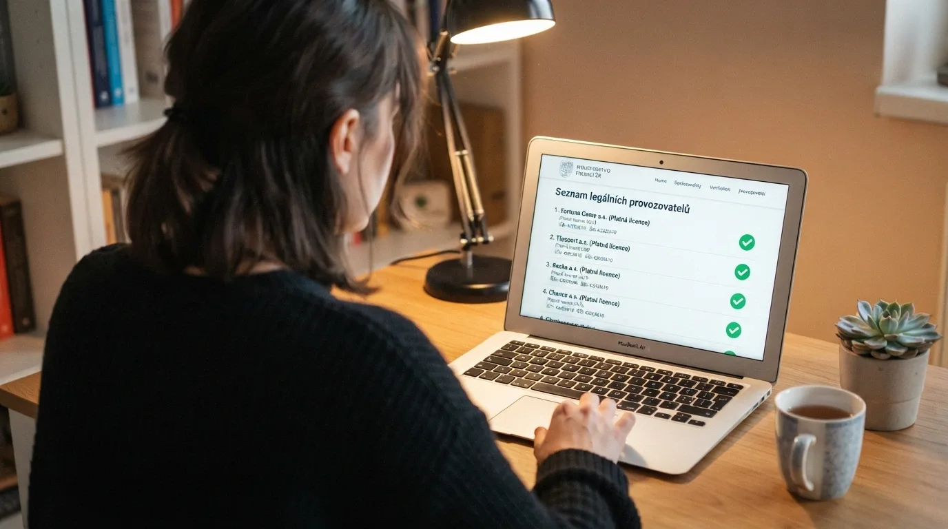 Úřední dokument s razítkem Ministerstva financí ČR vedle displeje s online casinem