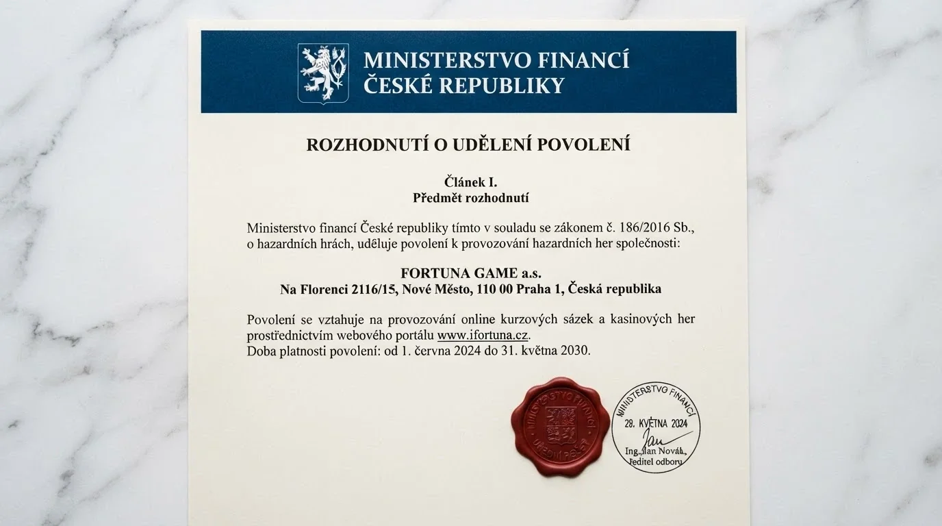 Úřední dokument s hlavičkou Ministerstva financí ČR a úředním razítkem na bílém pozadí