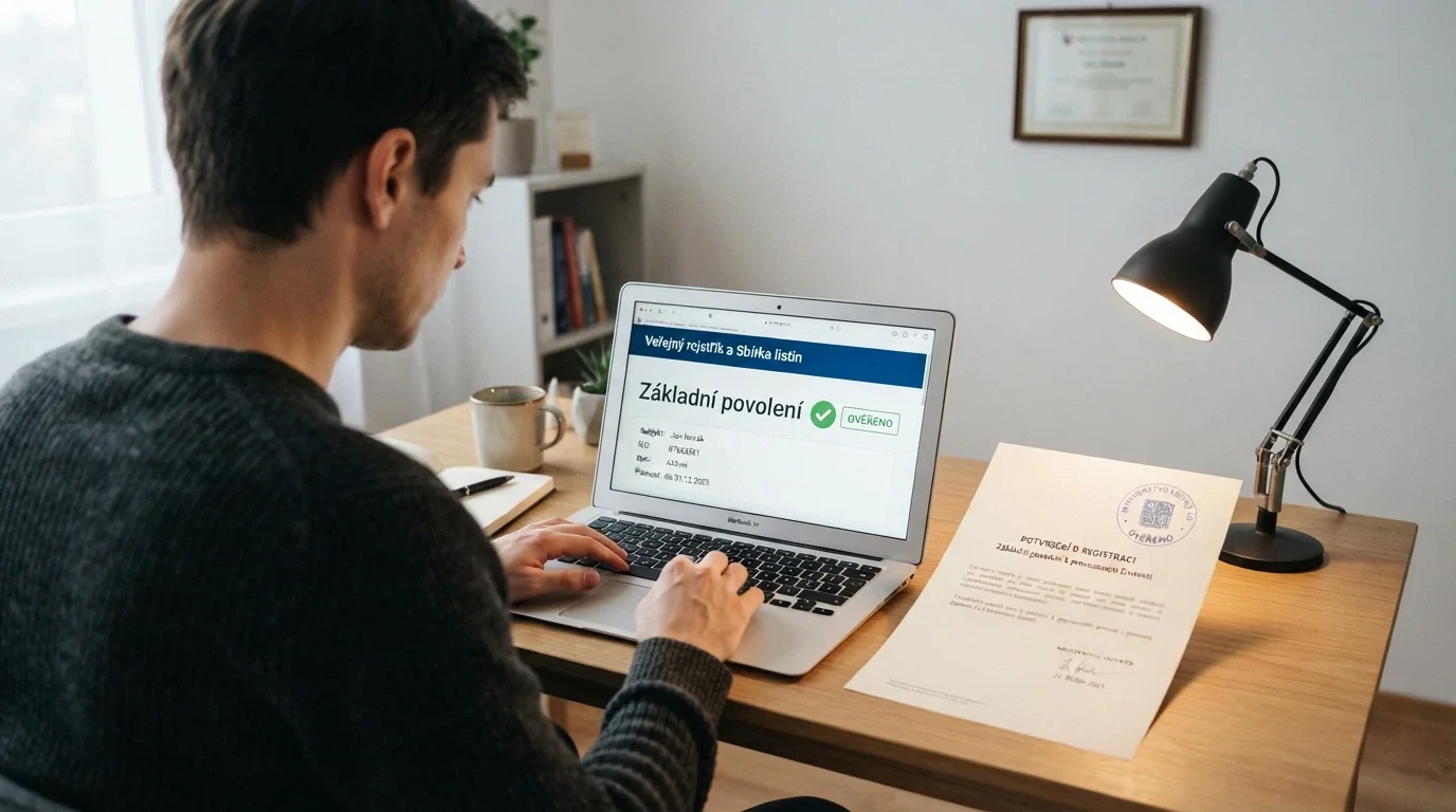 Detail úřední listiny s razítkem Ministerstva financí ČR, vedle logo MF ČR a nápis „základní povolení“, v pozadí monitor s webem casina