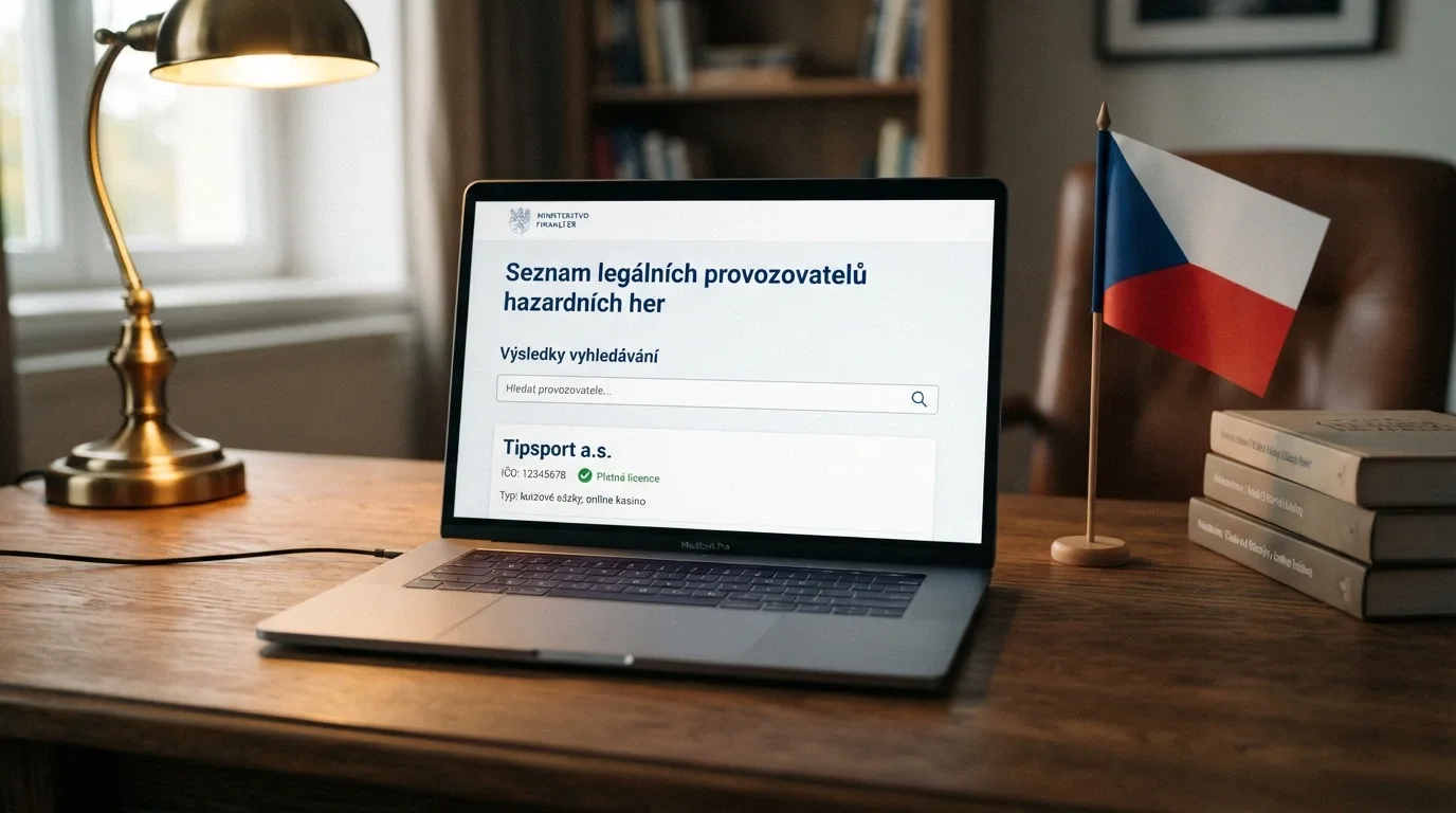 Úřední dokument s razítkem Ministerstva financí ČR a paragrafem zákona o hazardních hrách, v pozadí vlajka ČR